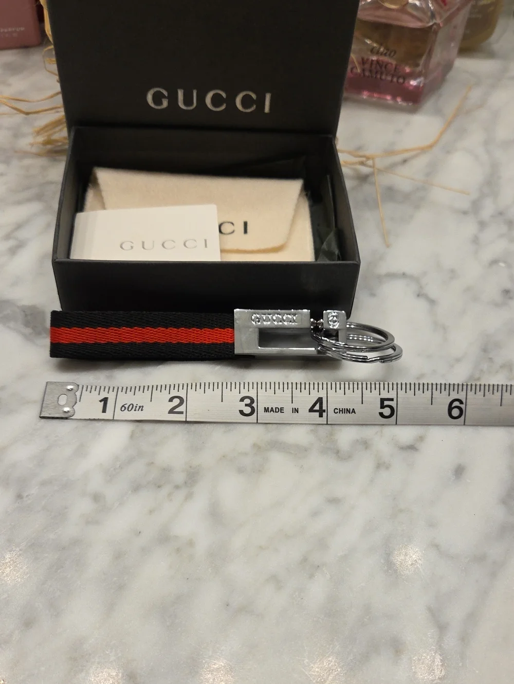 NWOT Gucci Black and Red Web Stripe Key Ring with Silver Hardware Full Inclusion